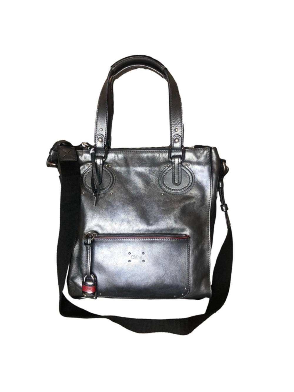 MR CHLOE Paddington Bag Silver Leather Tote Padlock Key Crossbody Shoulder Strap